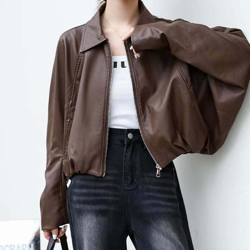 Picture of 2025 Autumn and Winter New Batman Loose Casual Fit Leather Tops Women's Easiest for Match Slim Long Sleeve Pu Soft Leather Top Trendy