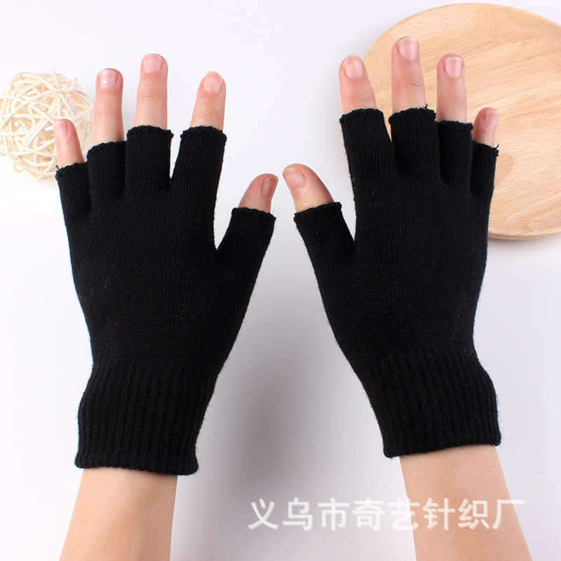 Picture of Black half finger finger elastic stretch acrylic knitted winter gloves for mobile phone