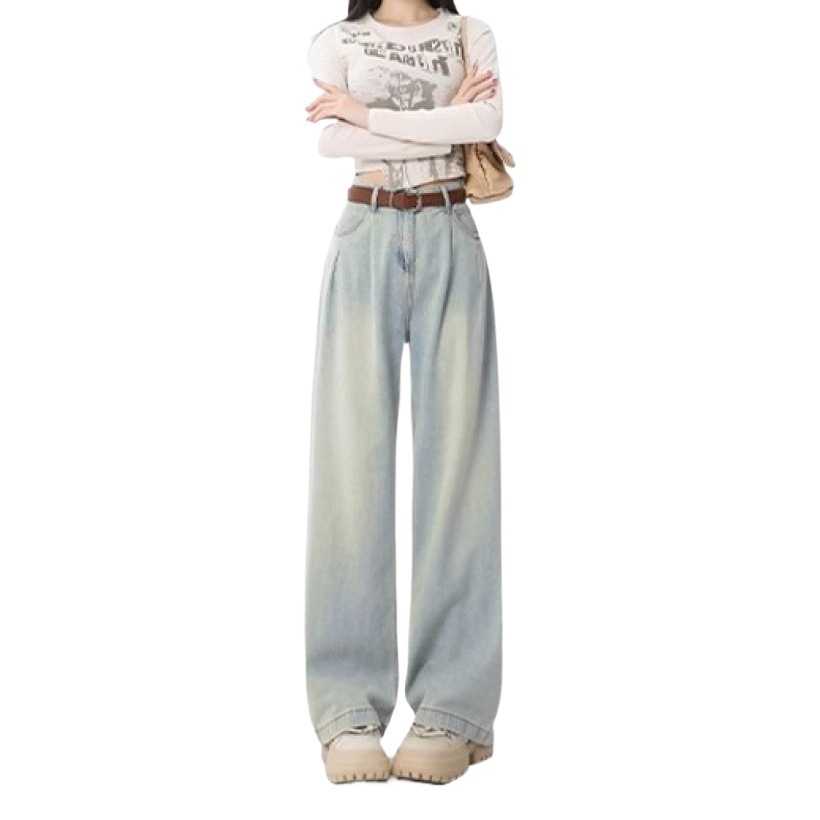 Retro Nostalgic Straight Leg Jeans Women's Spring and Autumn New Pleated Design High Waist Loose Slimming Pants