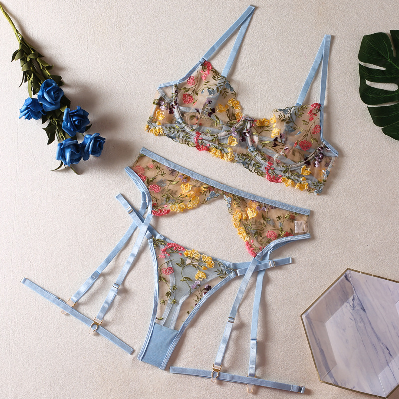 Picture of New ins Internet Celebrity Summer Small Floral Bra Panties Garter Belt Sexy Underwear Three-piece Set Foreign Trade Supply