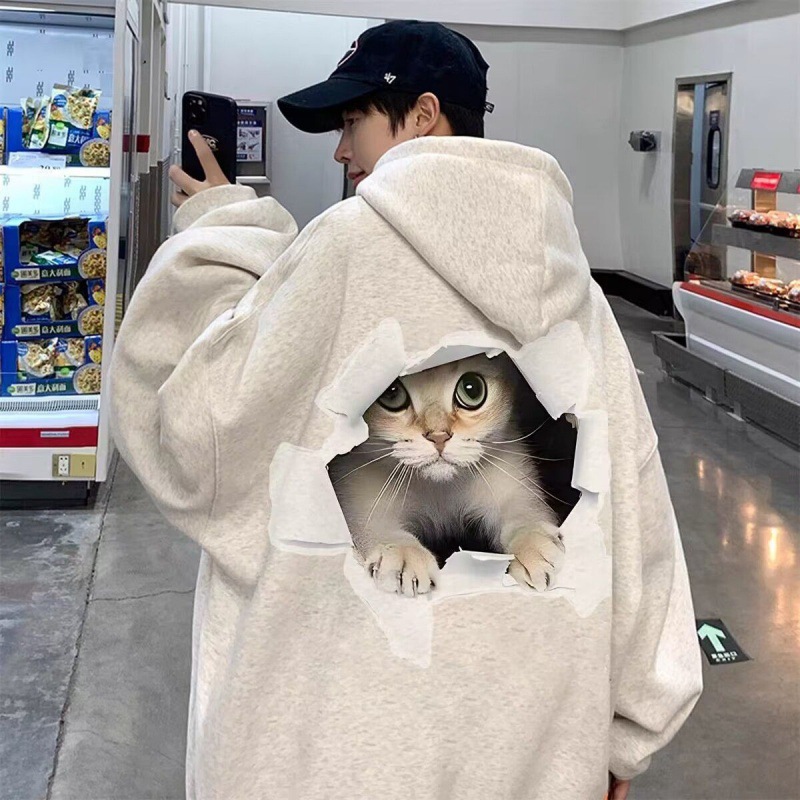 American Style Trendy Brand Fun Cat Printed Hooded Sweatshirt for Men and Women Autumn and Winter New Loose All-match Couple Fleece Jacket