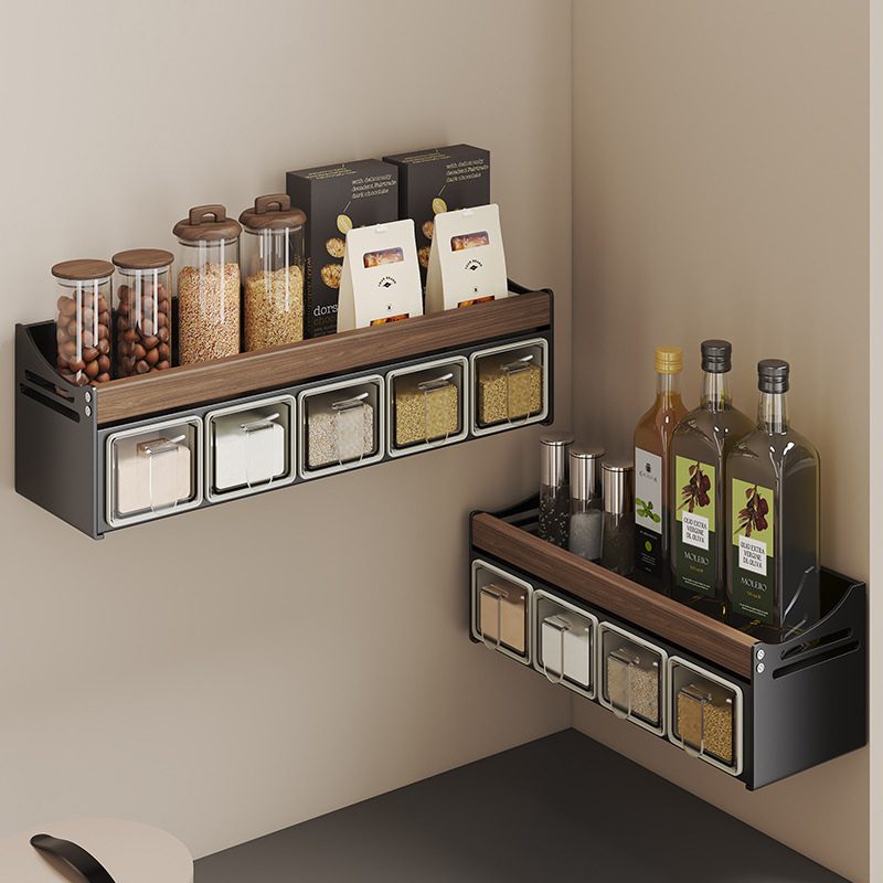 Walnut Kitchen Shelf Wall-Hanging Wall Seasoning Bottle Seasoning Bottle Storage Rack Multi-Functional Non-Punch Removal and Washing