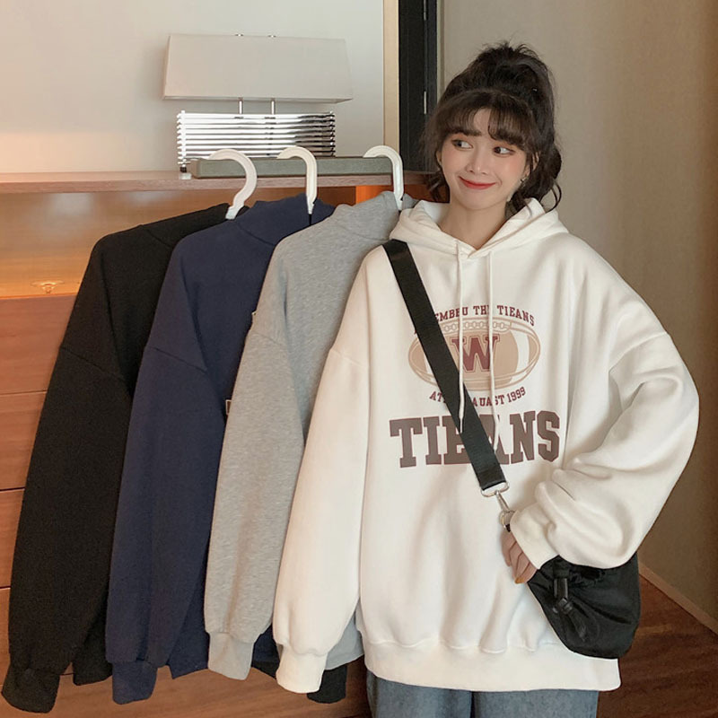 Small White Sweatshirt Women's Sweet Cool 2023 Hooded Spring and Autumn Thin fleece-lined American Style Retro High Street Foreign Style Top