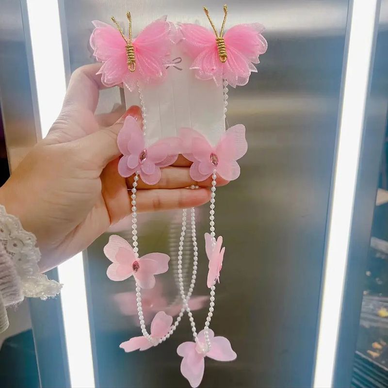 Picture of Little girl's new ancient style handmade butterfly pearl chain braided hairpin princess fairy head flower bead hair band headdress