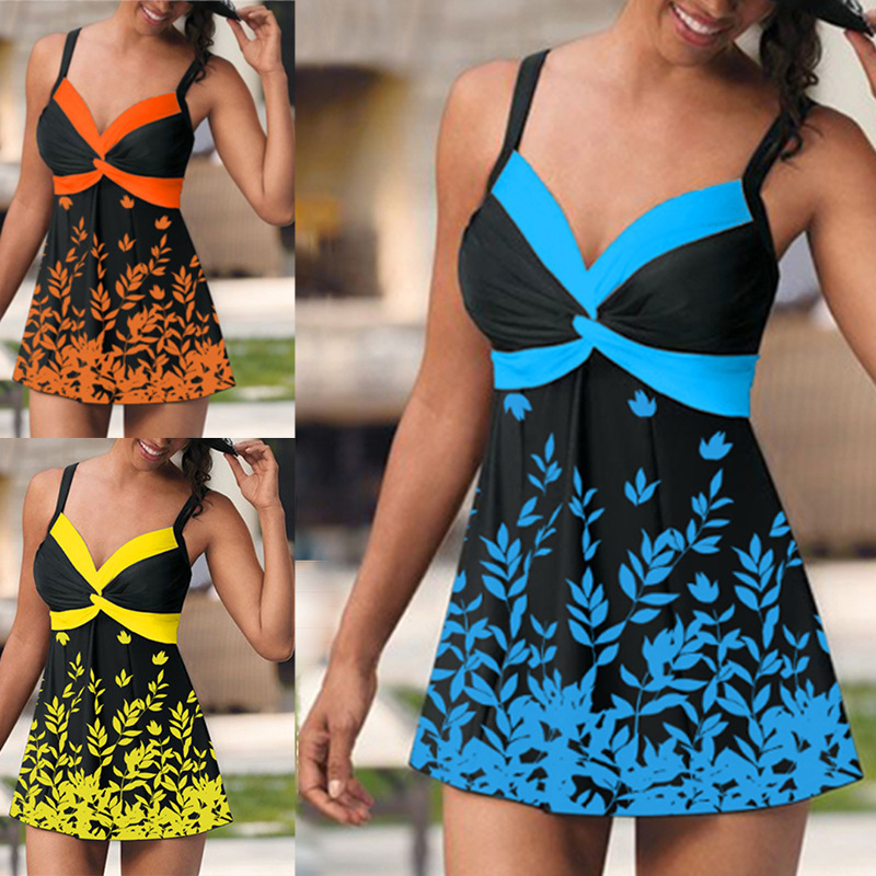 2022 swimsuit new tankini leaves flower big skirt briefs swimsuit split Amazon tankini