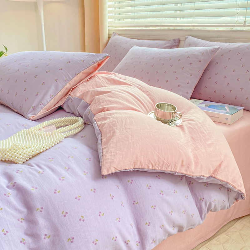 Picture of Small fresh class a 100 wash cotton four-piece set sanding cotton full quilt cover single bed hat student dormitory three or four-piece set