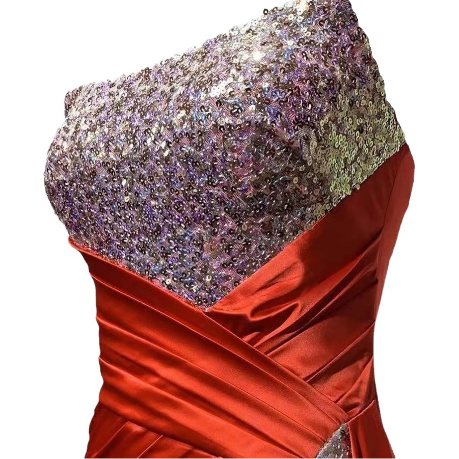 2025 Summer Internet Celebrity New Sequin Stitching Asymmetrical Slit Dress High-End Elegant Banquet Evening Dress