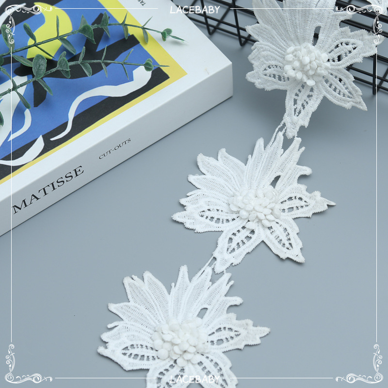 Water soluble milk silk wholesale three-dimensional flower lace garment accessories handmade white embroidery factory polyester embroidery lace