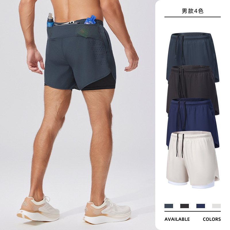 Outdoor Men's Running Shorts with Waist Pack Summer Double-Layer Quick-Dry Shorts Test Track and Field Running Shorts