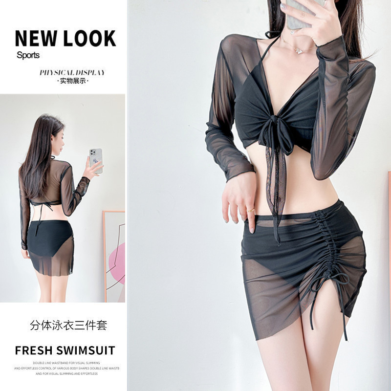 Internet Celebrous Explosions 2025 New Bikini Swimsuit Women's Split Four-Piece Set Long Sleeve Sunscreen Black Vacation Hot Spring