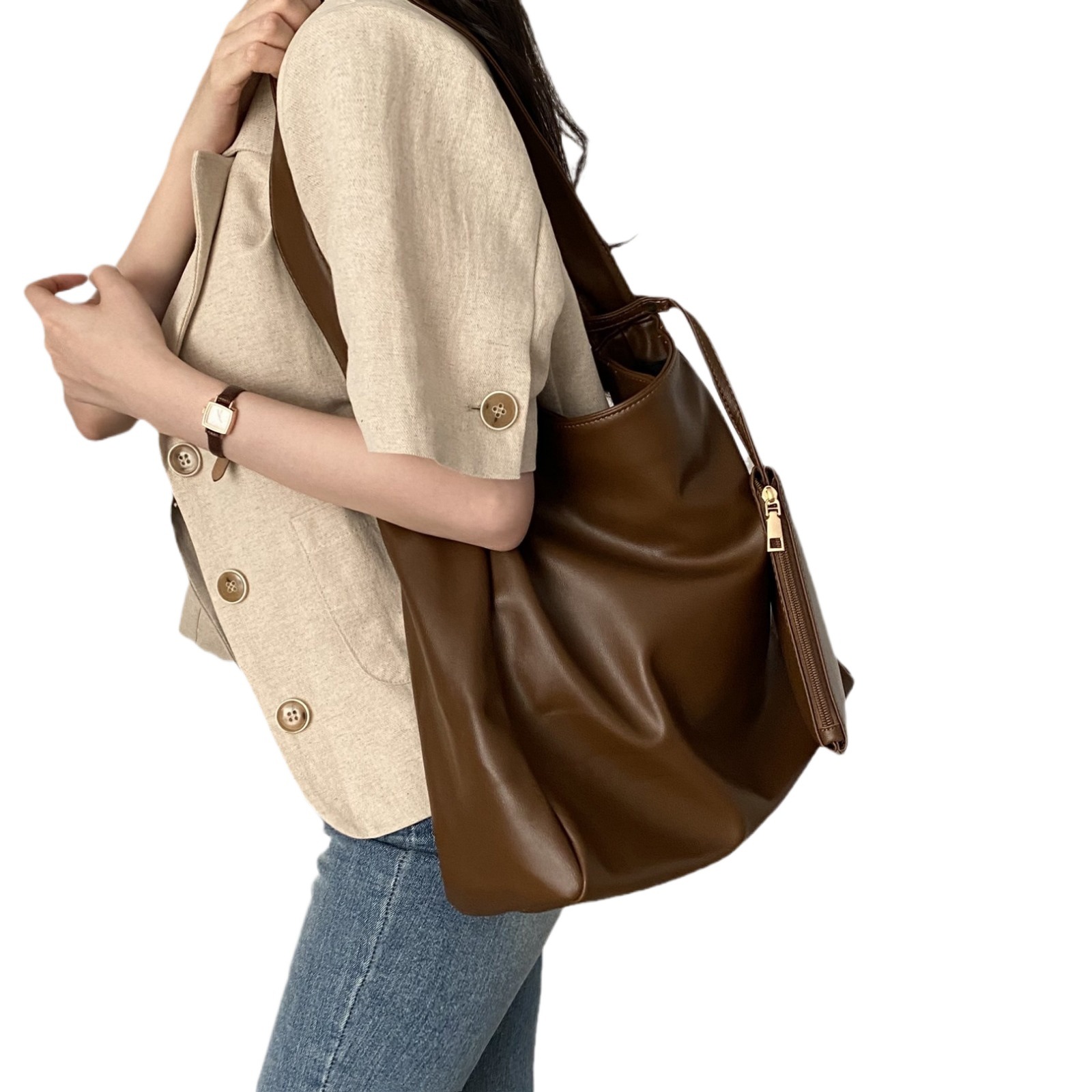 Picture of South Korea chic summer 2023 vintage temperament lapel three button loose casual short sleeve linen suit coat women