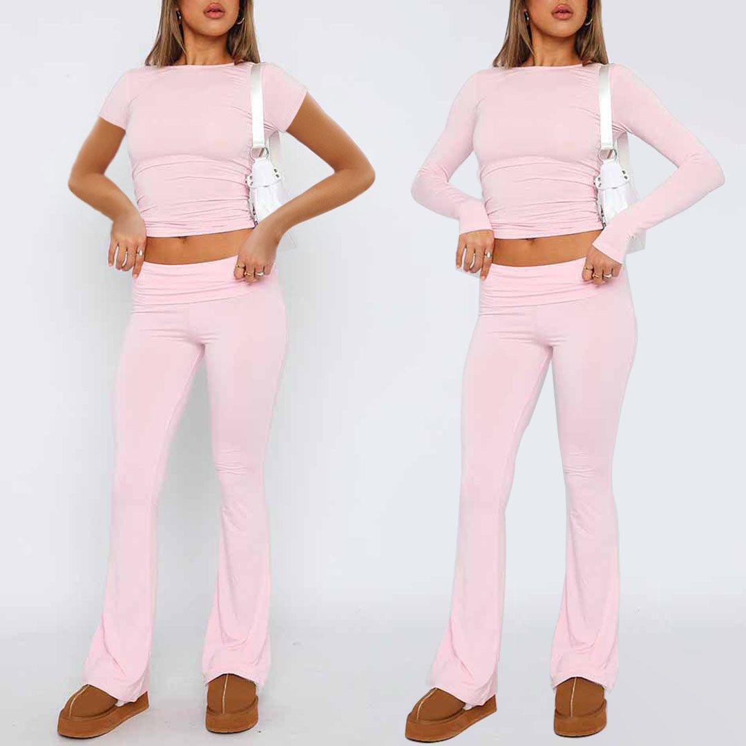 Cross-Border Amazon European and American Fitness New Solid Color Casual Long-Sleeved Fashion Trousers Two-Piece Suit Yoga Wear