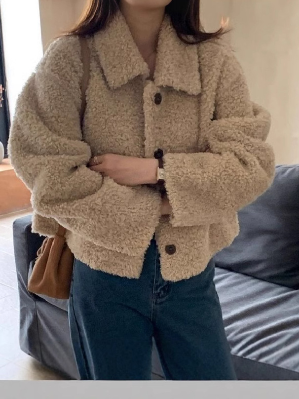 Niche Casual Fashion Autumn and Winter Coat Women's 2024 New Lapel Single-breasted Loose All-match Short fleece-lined Outer