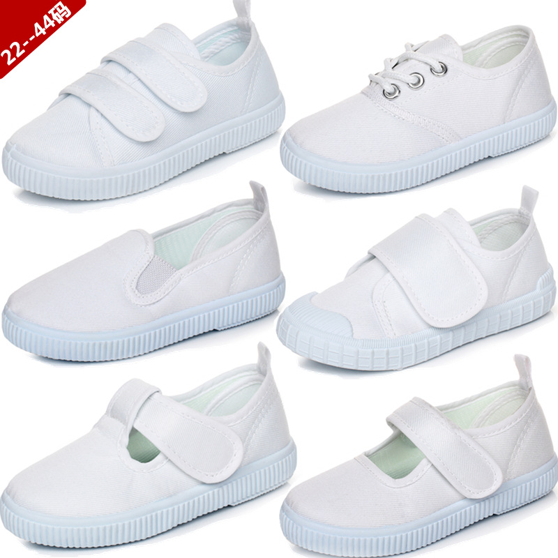 Picture of Children's Shoes Children Boys and Girls Students White Cloth Shoes Canvas Shoes Kindergarten School White Shoes Tie Shoelace Velcro