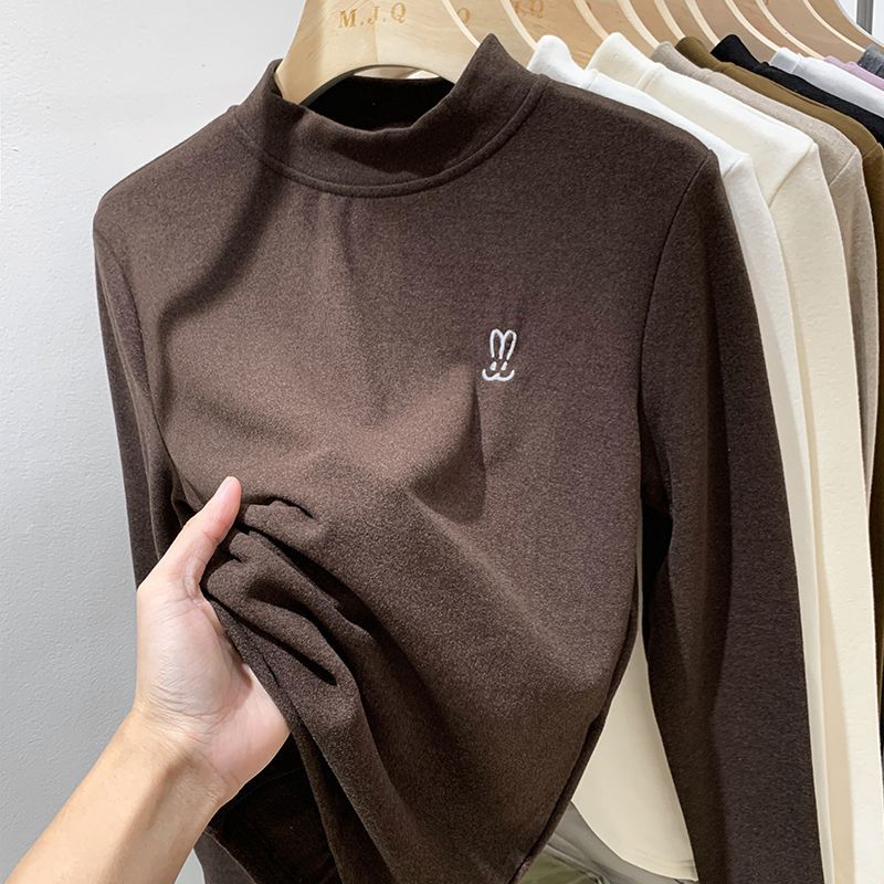 Double-Sided Velvet Sanding Rabbit Embroidered Warm Base Shirt fleece-lined Solid Color Long-Sleeved Slim-Fit T-Shirt Round Neck Top Trendy
