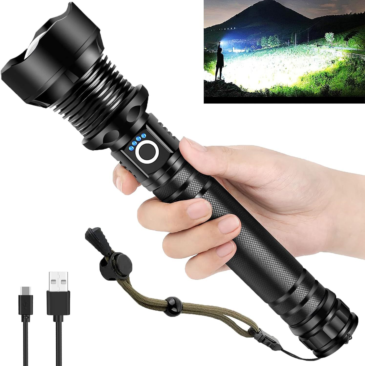 Cross-border hot selling P70 strong light rechargeable flashlight highlights 5 modes outdoor long-range lighting lamp power display