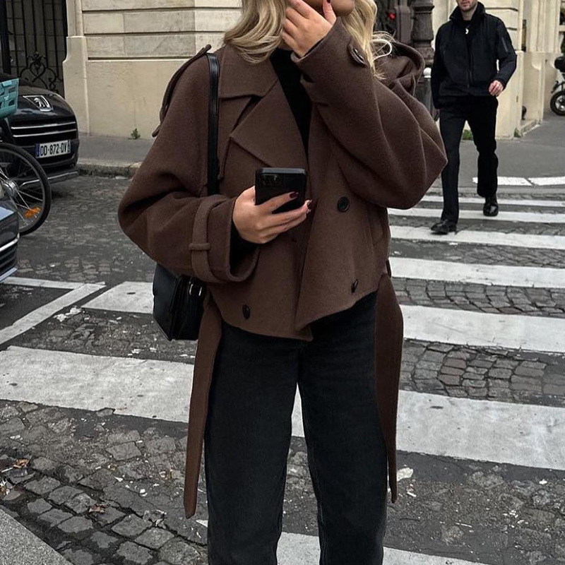 Picture of European and American cross-border 2023 autumn and winter women's woolen coat personality Street suit collar lace-up long-sleeved jacket coat for women
