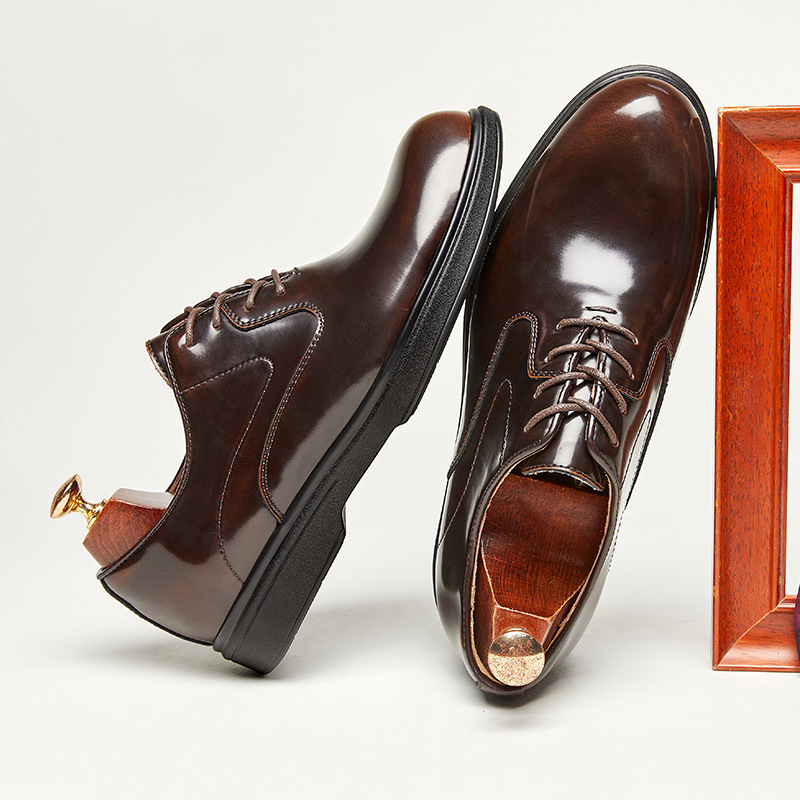 British Style 2025 New Leather Gloomy Business Casual Leather Shoes Men's Dress Patent Leather Round Head Oxford Shoes Lace-Up