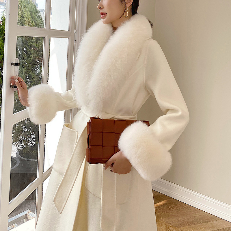 Picture of Australian wool double-sided cashmere three-dimensional skirt fox fur collar mid-length slim-fit princess pink woolen coat all-match
