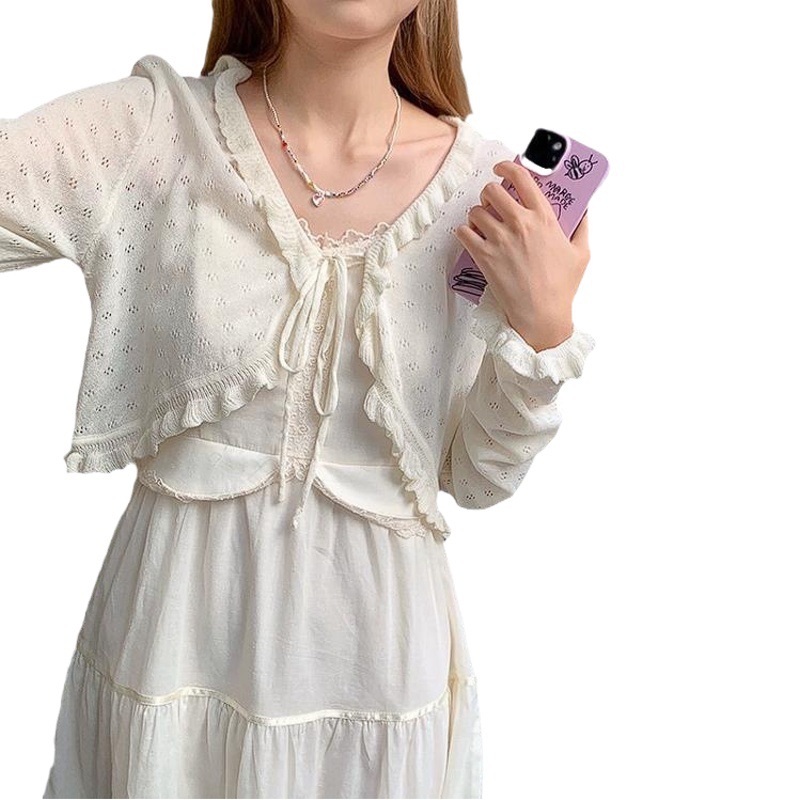 Short Elegant All-match Wood-ear Hollow Strap Thin Knitted Cardigan Women's Top 2023 New Style