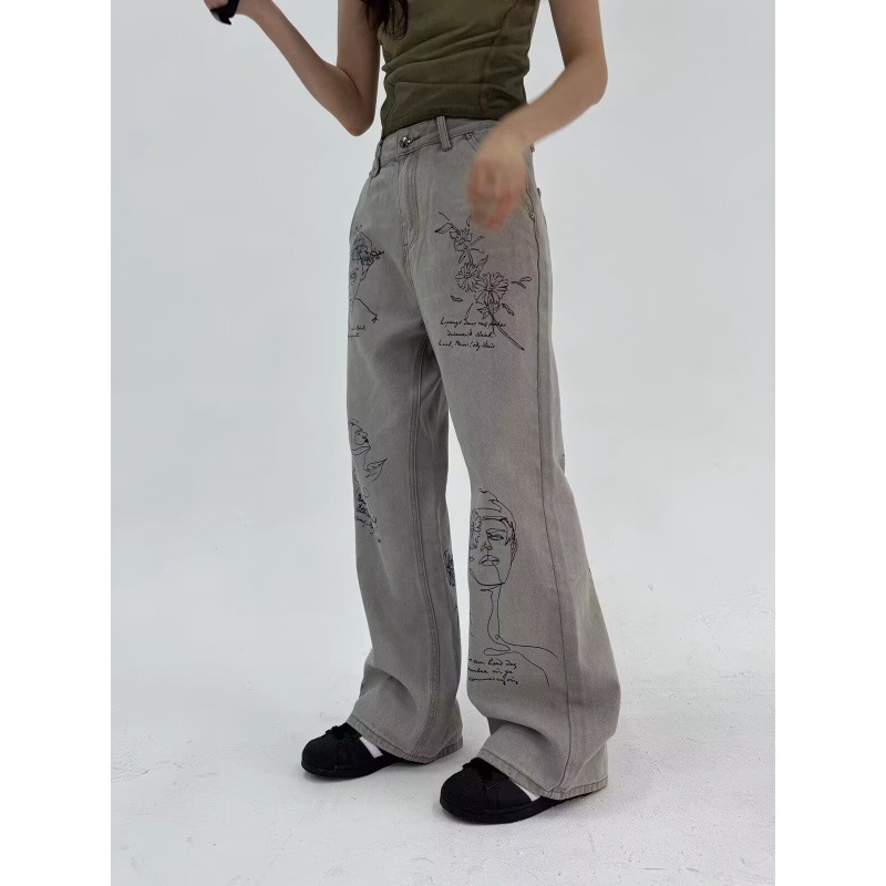 Grey American Style High Street Jeans Trendy Cartoon Graffiti Print Wide Leg oversize Straight Leg Pants