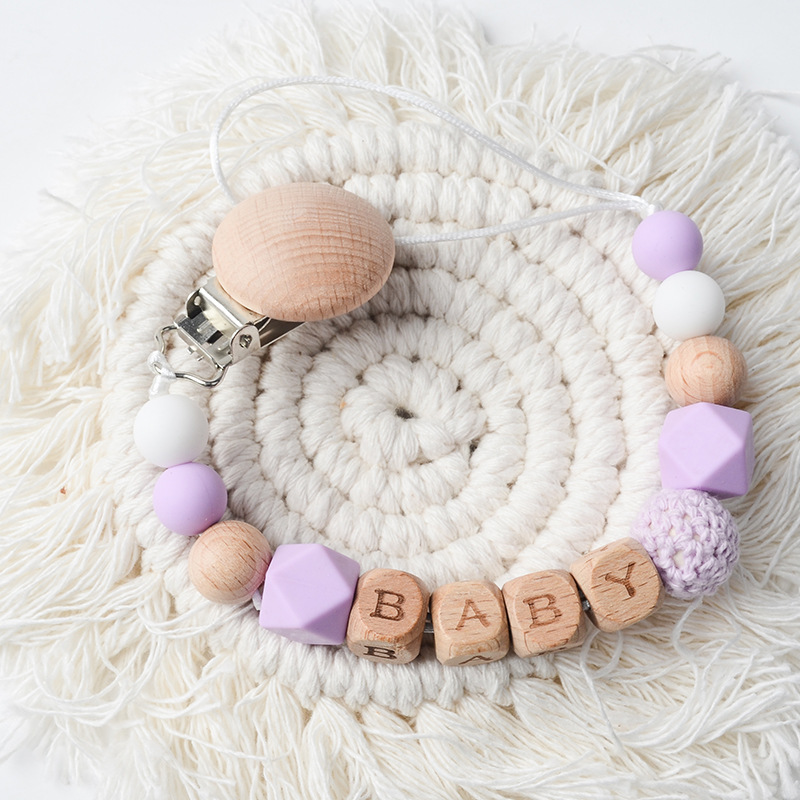 Picture of New Beech pacifier clip Beech letters BABY silicone octagonal beads wool crochet anti-drop chain