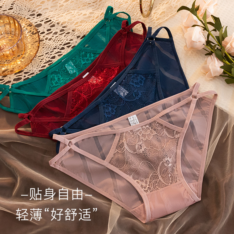 Summer Lightweight Sexy Hollow Lace Mesh Underwear Women's Low Waist Pure Cotton Breathable Crotch Simple Comfortable Briefs