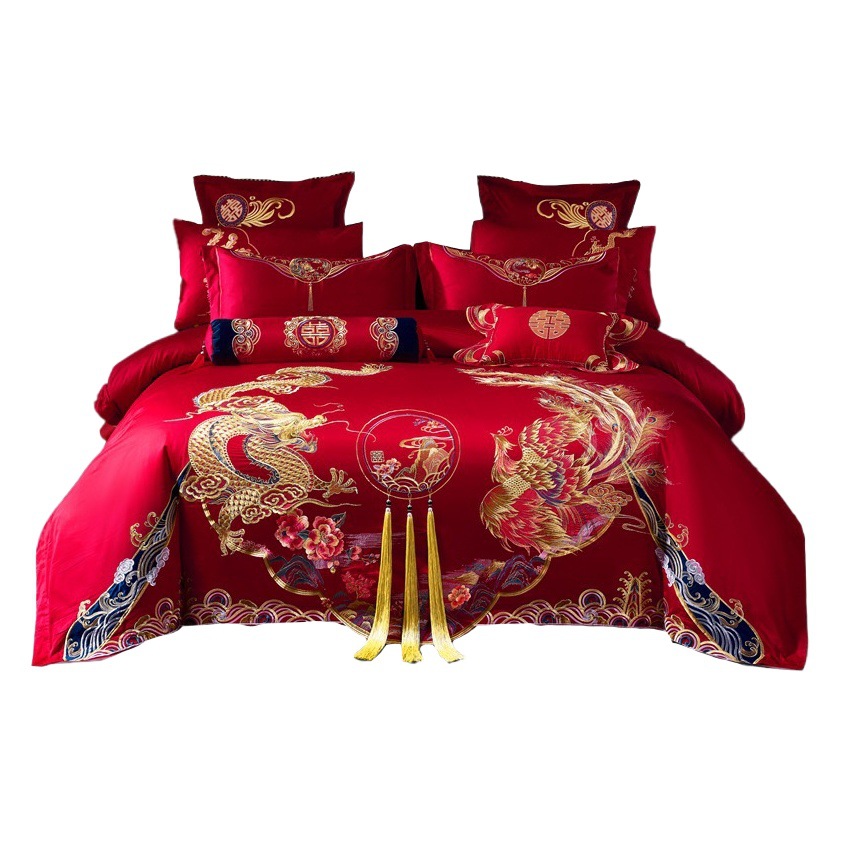 Long-Staple Cotton Wedding Four-Piece Set Bright Red Pure Cotton Wedding Cotton Classy Chinese Dragon and Phoenix Embroidered Bedding