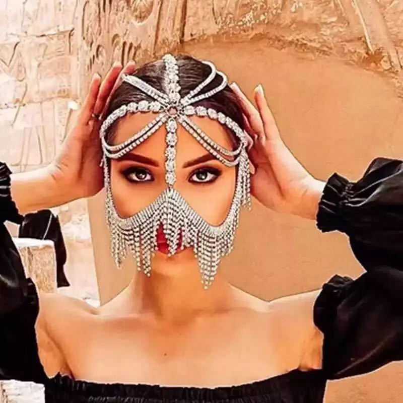 AliExpress new shiny rhinestone retro tassel headdress hair accessories European and American fashion diamond mask jewelry wholesale