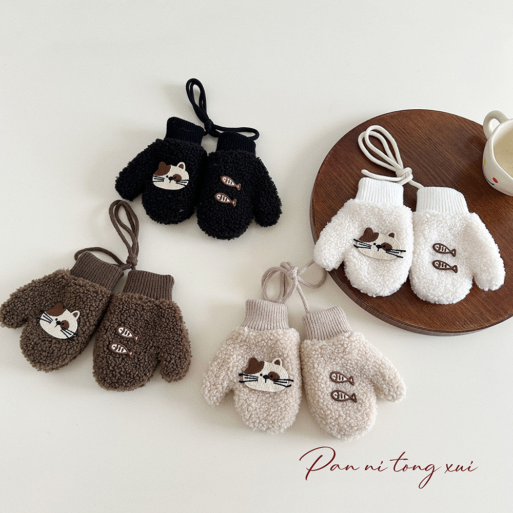 Furry Gloves Children's Winter Warm fleece-lined Cute Cartoon Neck with Finger Cover Baby's Hand Bag Finger Gloves