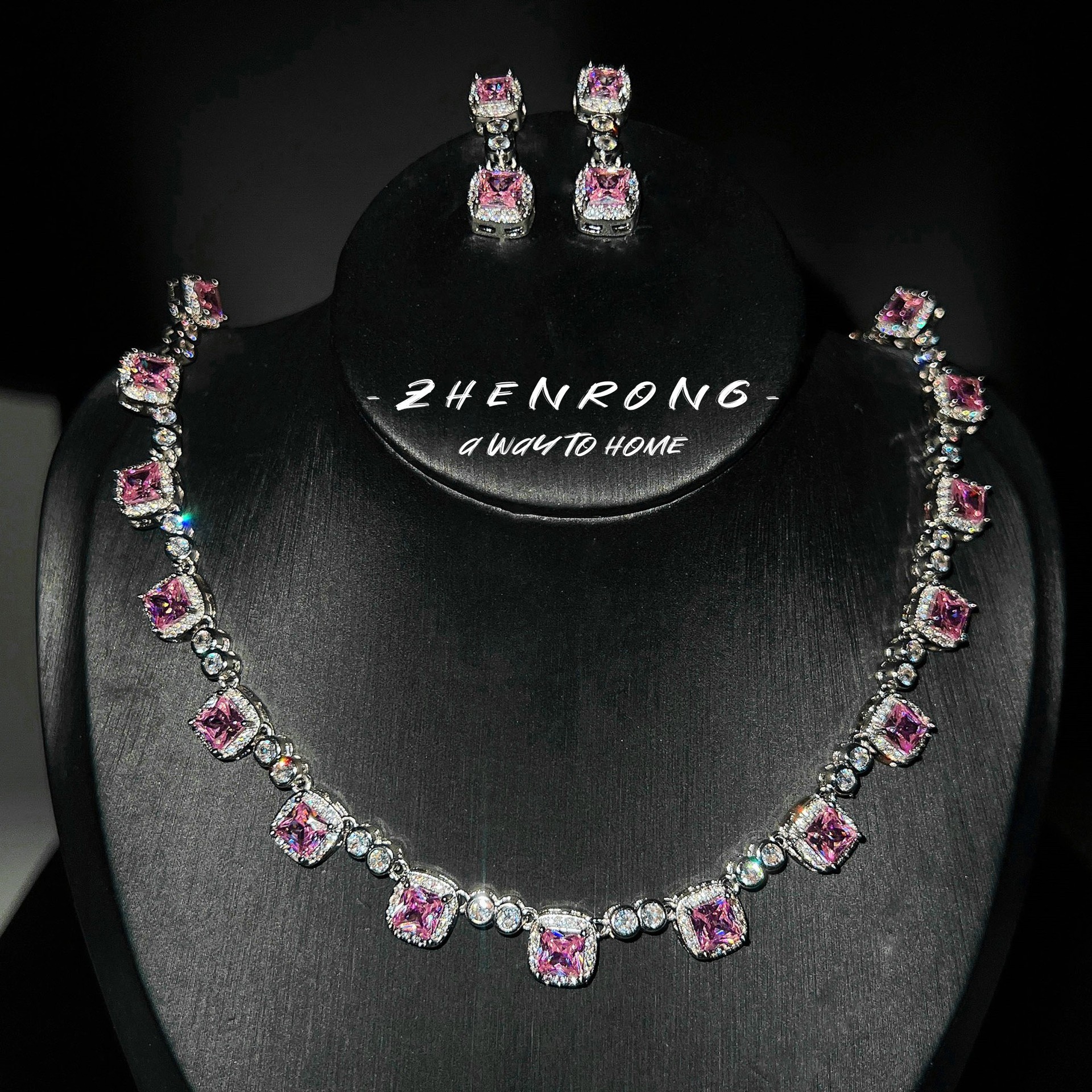 High-grade bridal zircon necklace earrings wedding dress accessories European and American Amazon pink diamond chain jewelry suit