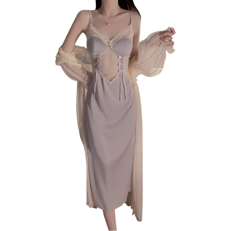 Luoruo sweet floral lace see-through temptation and chest pad satin long nightdress outer robe home wear suit 3477