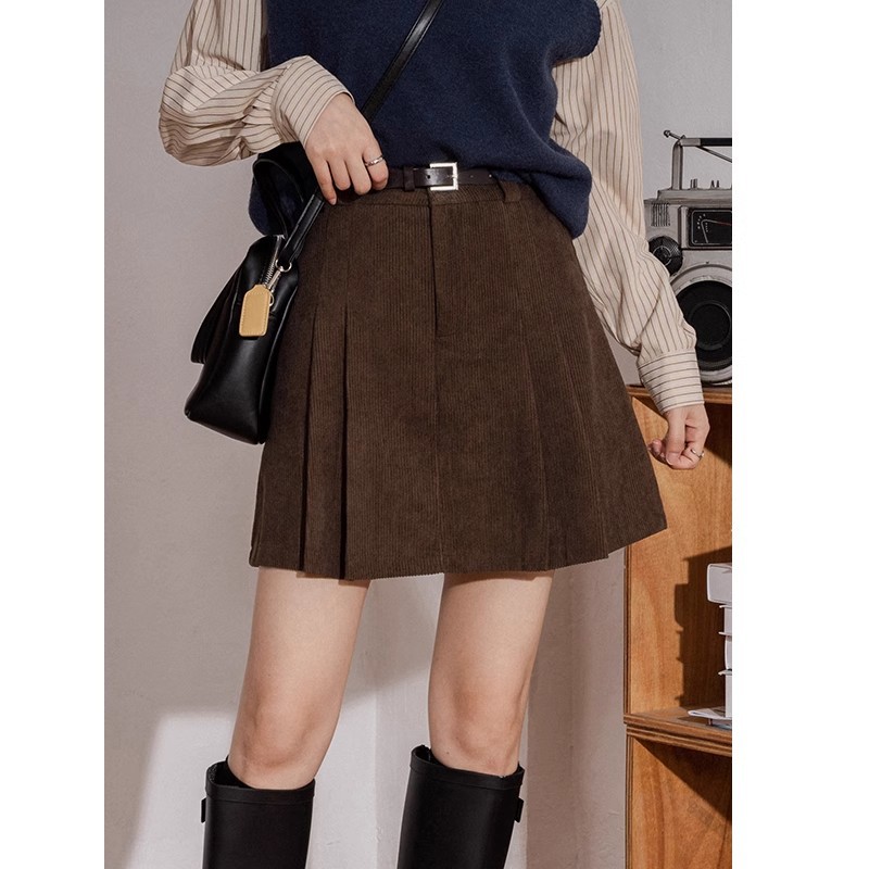 Pleated Skirt High Waist Corduroy A- Line Short Skirt Women's Age-reducing Pleated Skirt Retro Simple All-match Striped Velvet Anti-light Half