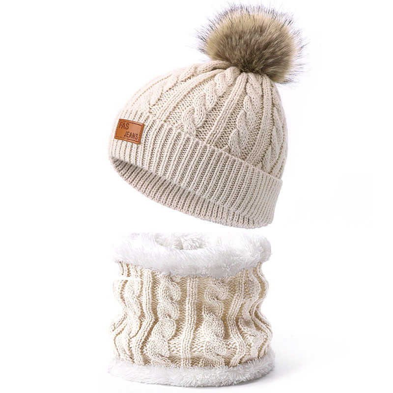 Picture of Winter Children's Neck Hat Two-Piece Pompom Baby Baby Knitted Hat Warm Wool Fleece-Lined Thickened Neck Set