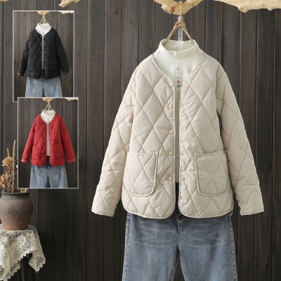 2024 autumn and winter new plus size women's diamond-shaped lattice collarless light cotton-padded short cotton-padded jacket women's cotton-padded jacket coat