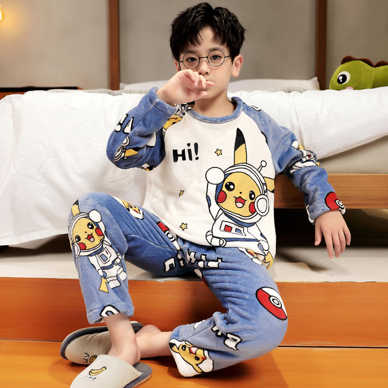 Picture of Autumn and Winter Plush Children's Pajamas Boy's Cute Cartoon Thickened Warm Coral Fleece Children's Home Clothes