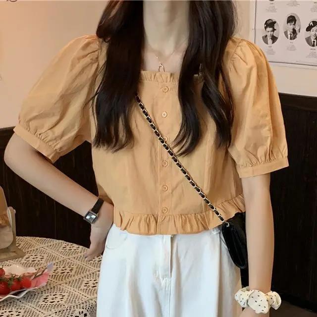 Picture of Short-Sleeved Women's New Spring/Summer 2022 Cute Casual Elegant Puff Sleeve Short Ruffled Square Neckline Top Ins