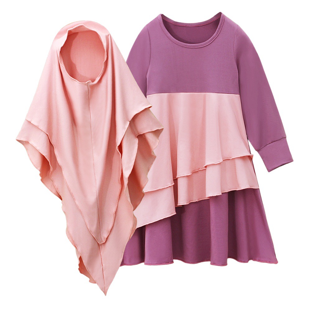 Children's European and American spring and autumn girls' long-sleeved stitching long dress + headscarf two-piece children's clothing ins