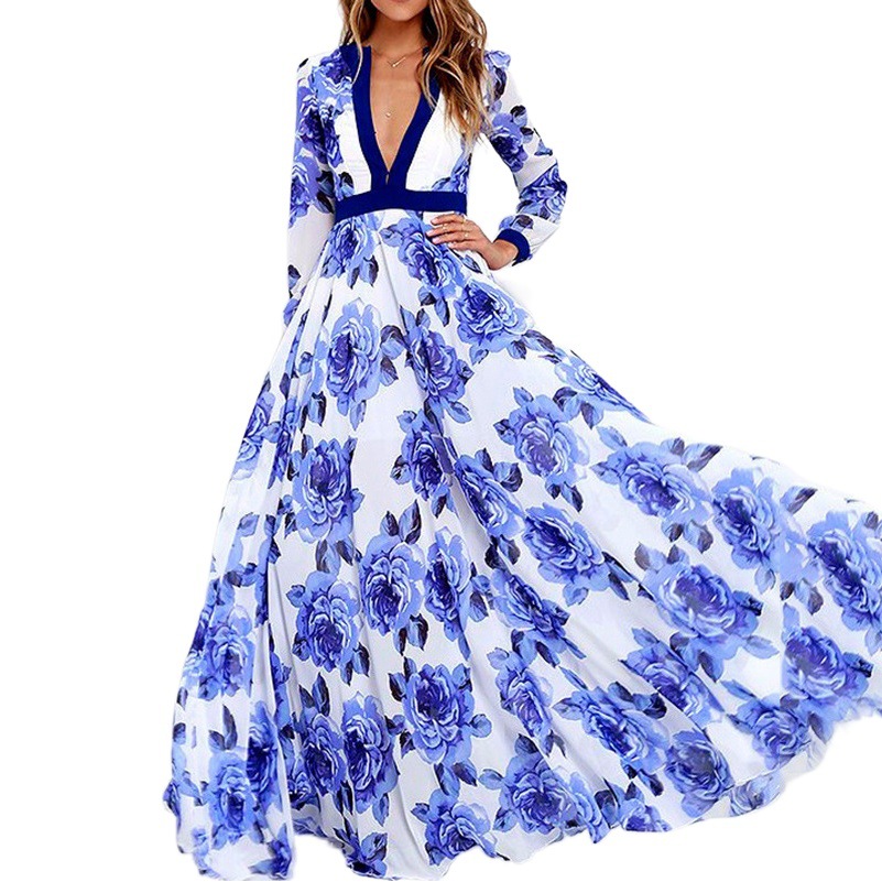 Flower Blue and White Porcelain V-neck Printed Large Swing Long Dress Autumn New European and American Women's dress V-neck Elegant High Waist Dress
