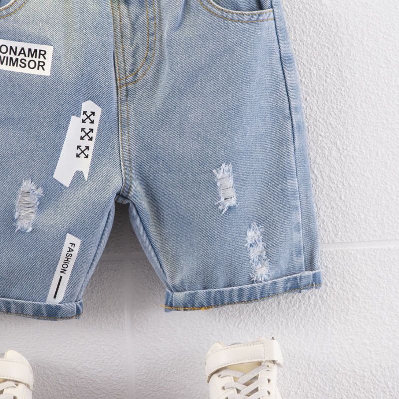 Picture of White printed denim shorts boys summer 2022 new children's pants summer big children