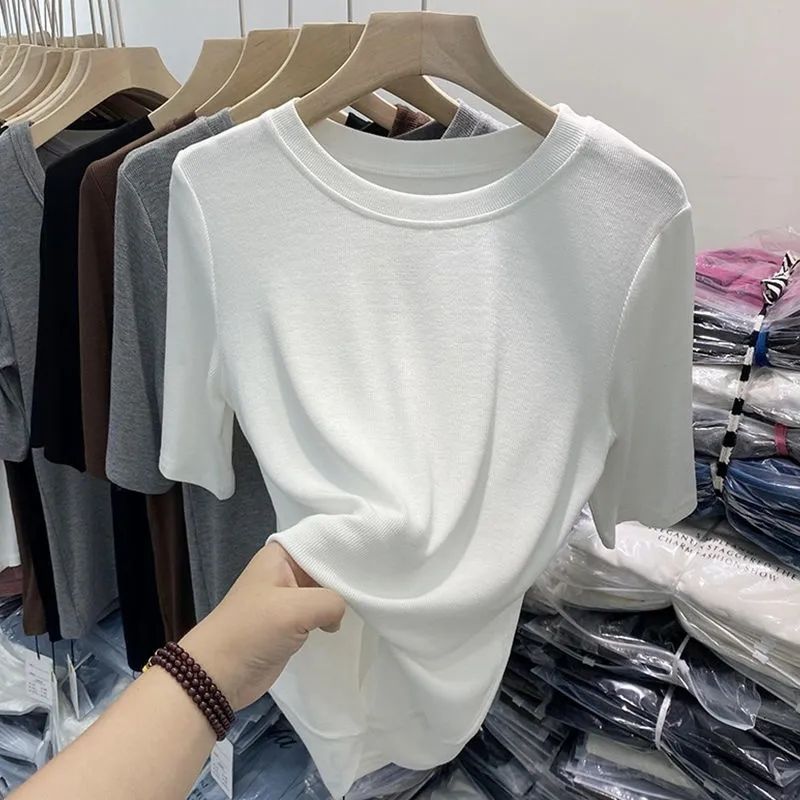 European Solid Color Threaded Short-sleeved T-shirt Women's 2024 Summer New Design Sense Niche Inner Base Shirt Top Trendy