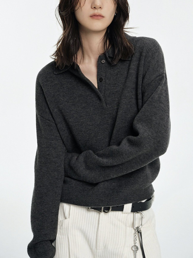 M * iu Stacked Wear Retro Joker Polo Lapel Knitted Sweater K1113