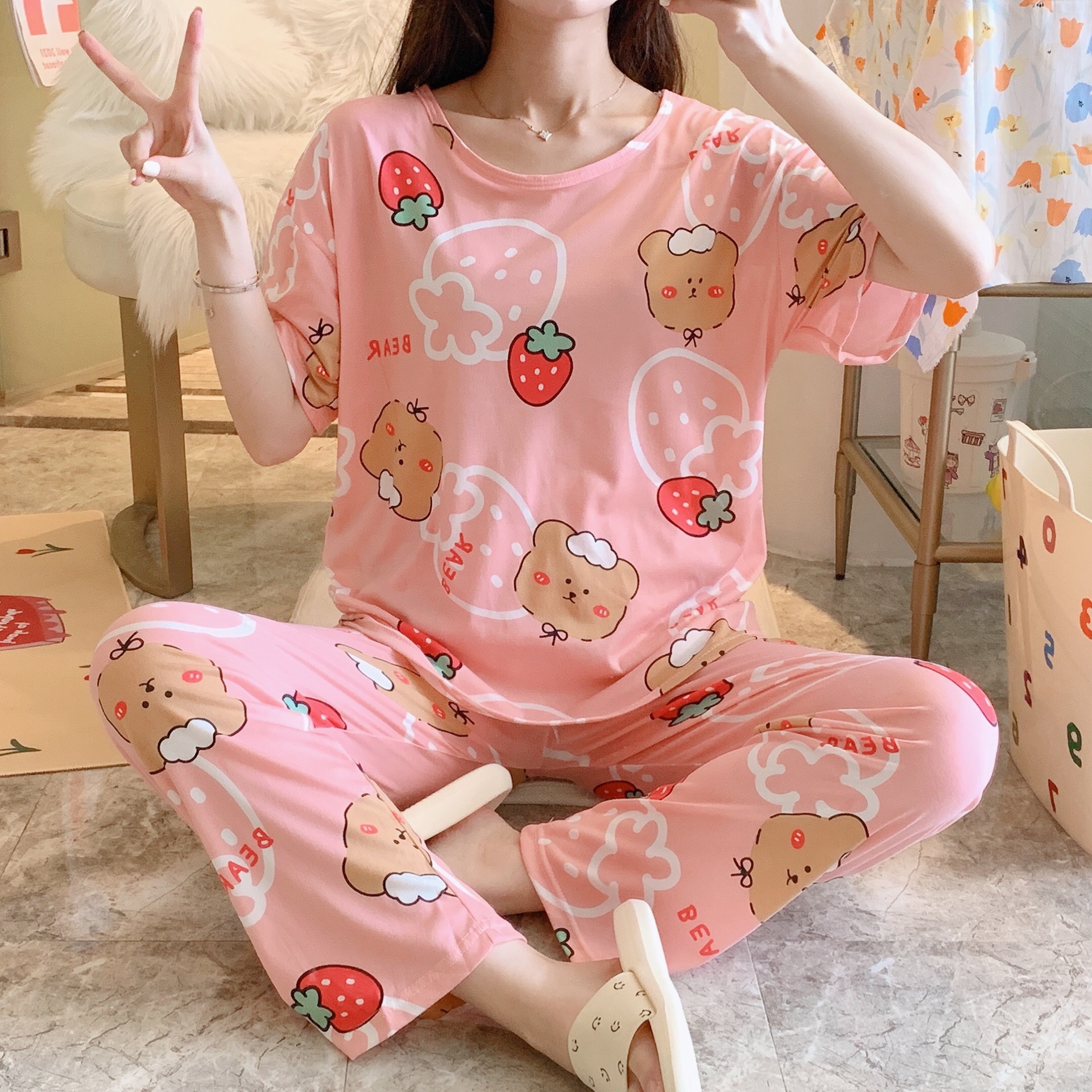Picture of Pajamas Women's Spring and Autumn Summer Short-sleeved Trousers Large Size Loose Korean Style Fresh Cute Sweet Student Home Suit