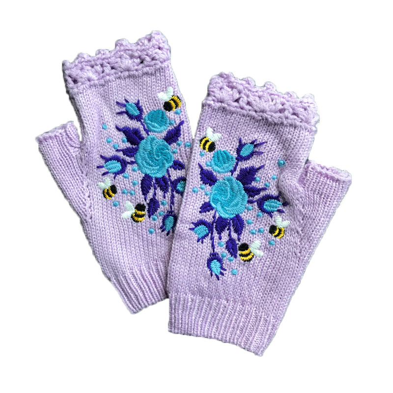 Picture of ins Hot Selling Autumn and Winter Women's Warm Wool Half-Finger Gloves Bee Small Flower Embroidered Knitted Gloves