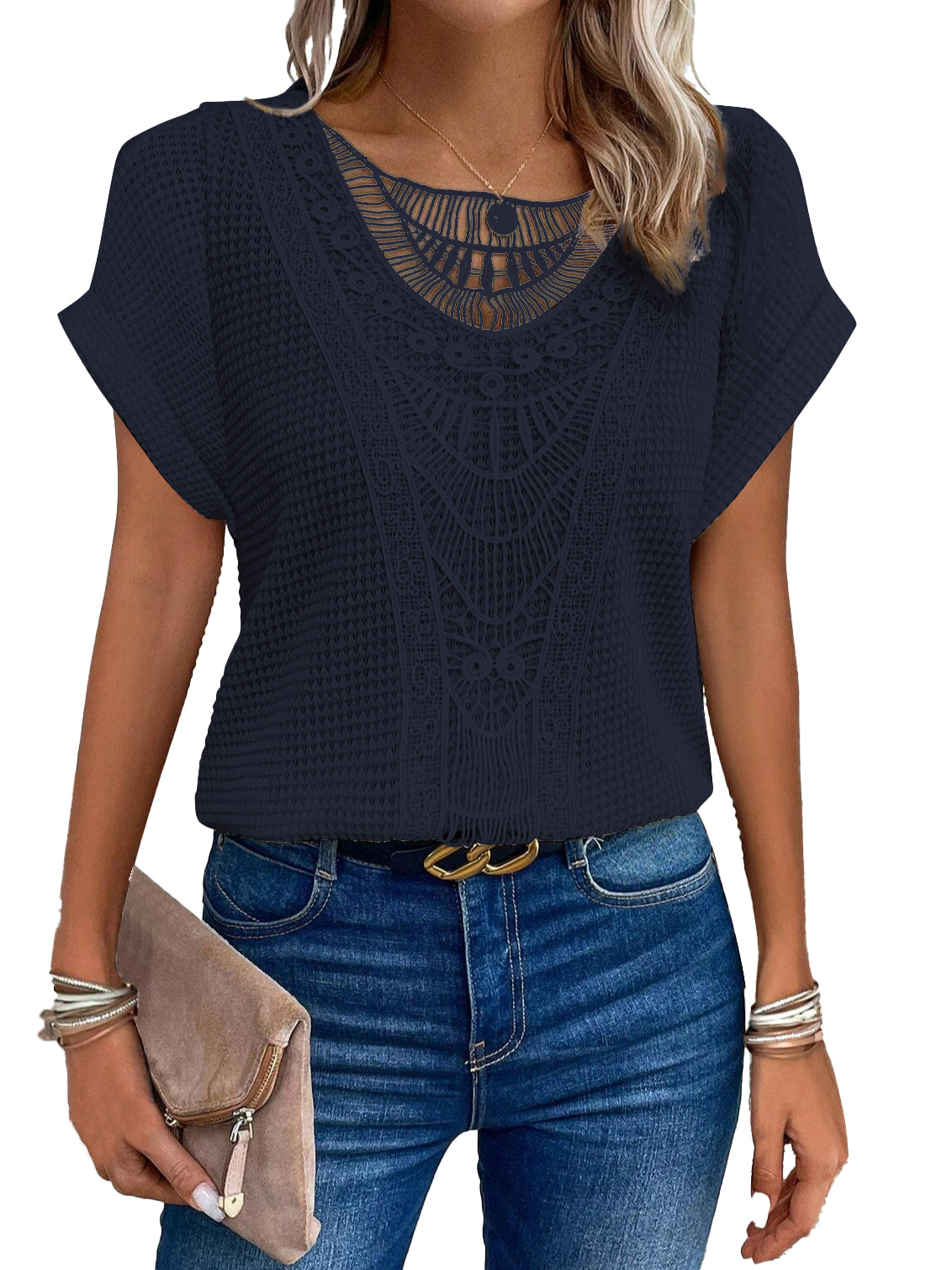 Picture of 2024 Amazon European and American spring and summer new independent stand lace stitching short-sleeved T-shirt in stock cross-border women's clothing