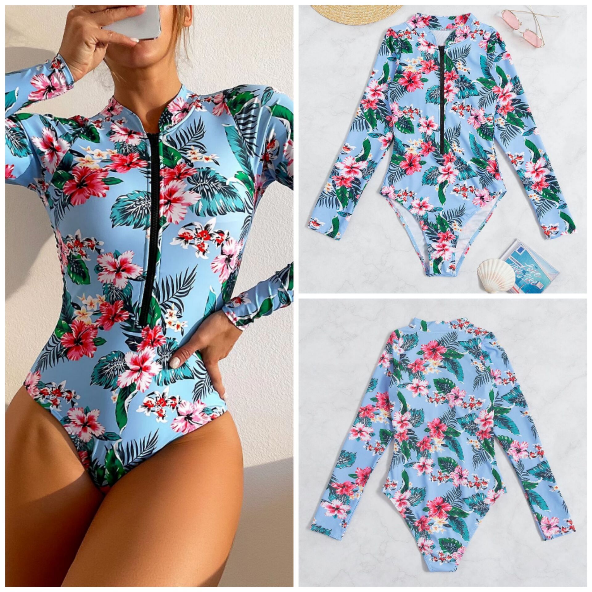 2022 European and American Cross-Border Amazon Digital Print One-Piece Zipper Bikini Women's Swimsuit Trendy Sexy Hollow-Out