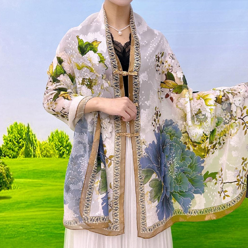 Summer Sunscreen New Chinese Style Cut Flower Shawl All-match Fashion Matching Skirt National Style Multifunctional Silk Scarf Thin Scarf