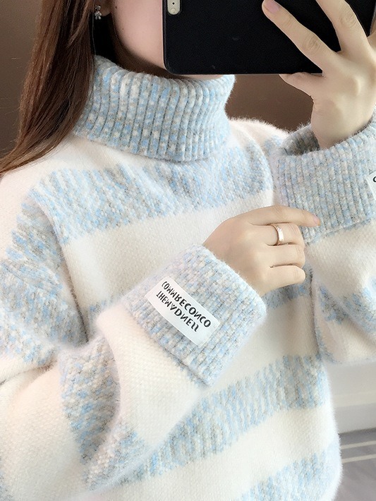 Sweater Women's Thickeneded Winter 2024 New Autumn and Winter High Collar Stripesd Mink Velvet Top Knitted Bottoming Shirt