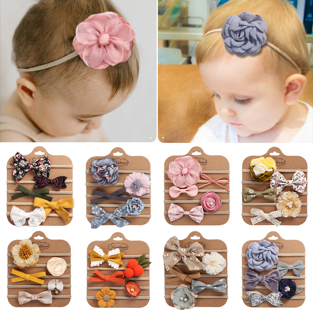 European and American New Headband Set Children's Bow Hair Band Five-piece Set Fashionable Elastic Baby Headwear 5 Combination Set