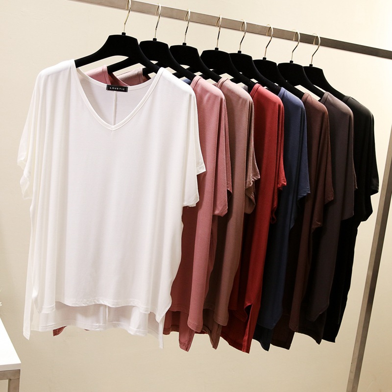 Split V-neck Loose Short-sleeved T-shirt Women's Summer Half-sleeved Large Size Fat Girl T-shirt Modal Outwear White Top